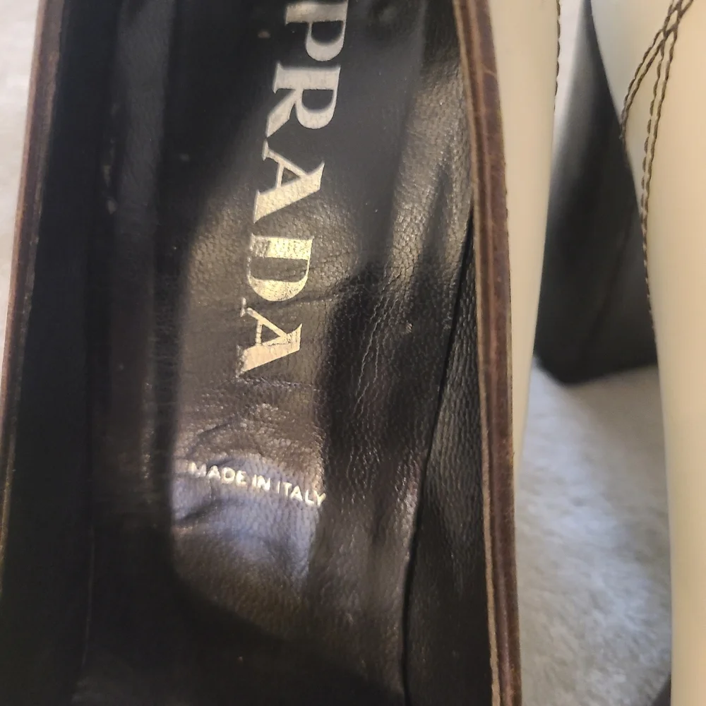 Prada block heels, cream with brown stiching, 38.5 - Picture 4 of 6
